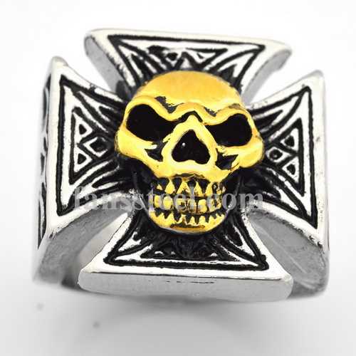 FSR07W68G Skull Maltese Cross Signet biker Ring 